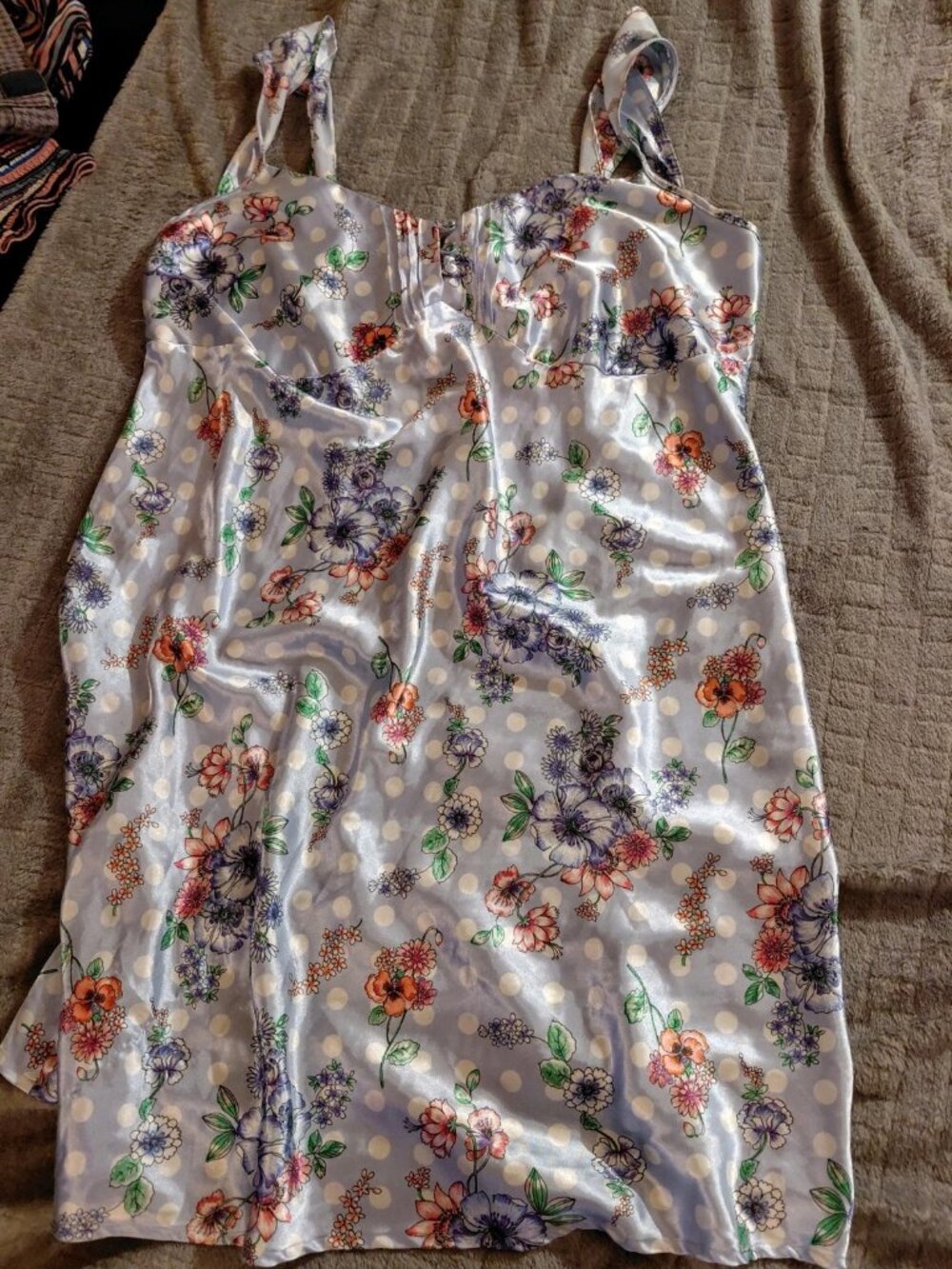 Chanteuse Pink Floral Polka Dot Satin Slip Dress Nightgown Sleep XL Ruffled Y2K